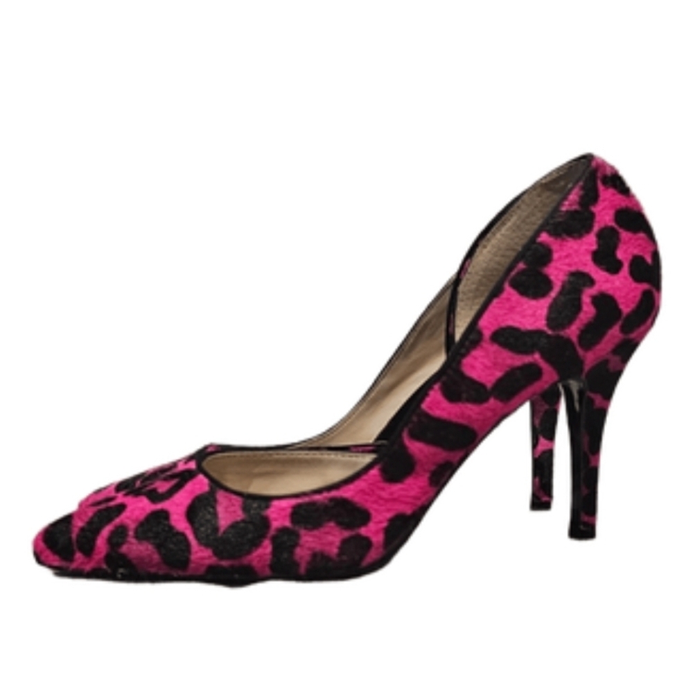 Betsy Pink Leopard Furry Heels – Size 8.5 – Fierce & Flirty